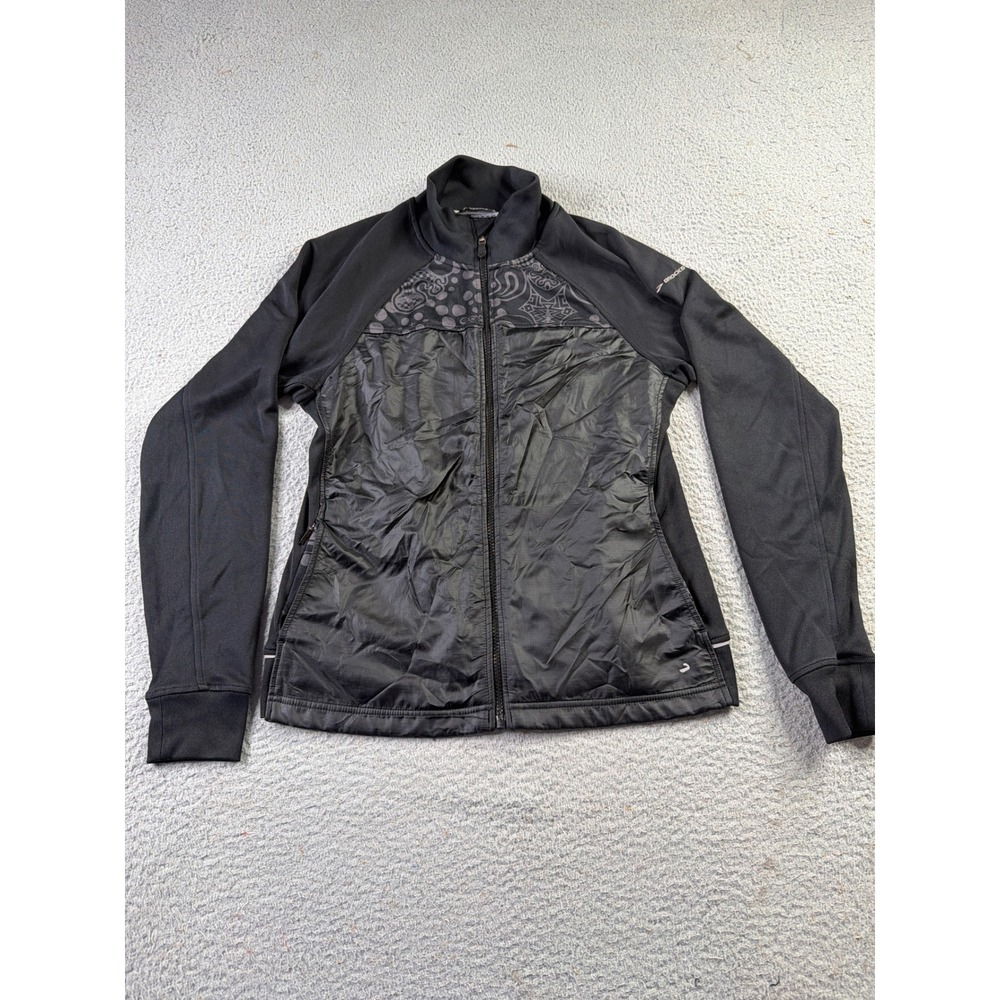 Brooks Infiniti Running Jacket Womens L Zip Up Shelter Tech Black Diva Print
